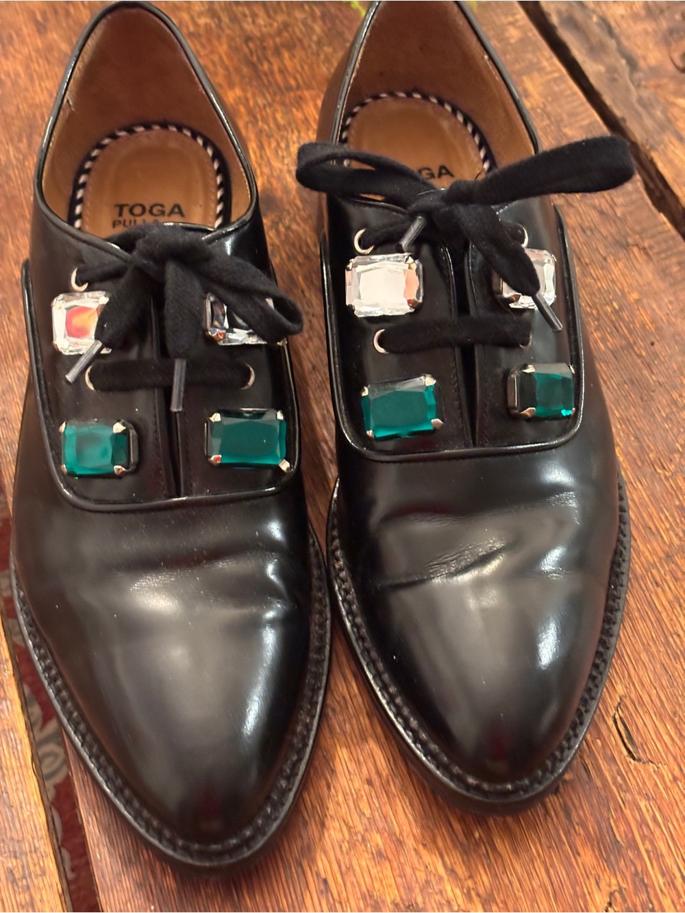 Unisex Toga Pulla Tokyo Black Leather Bejeweled Embellished Brogues Flats 41